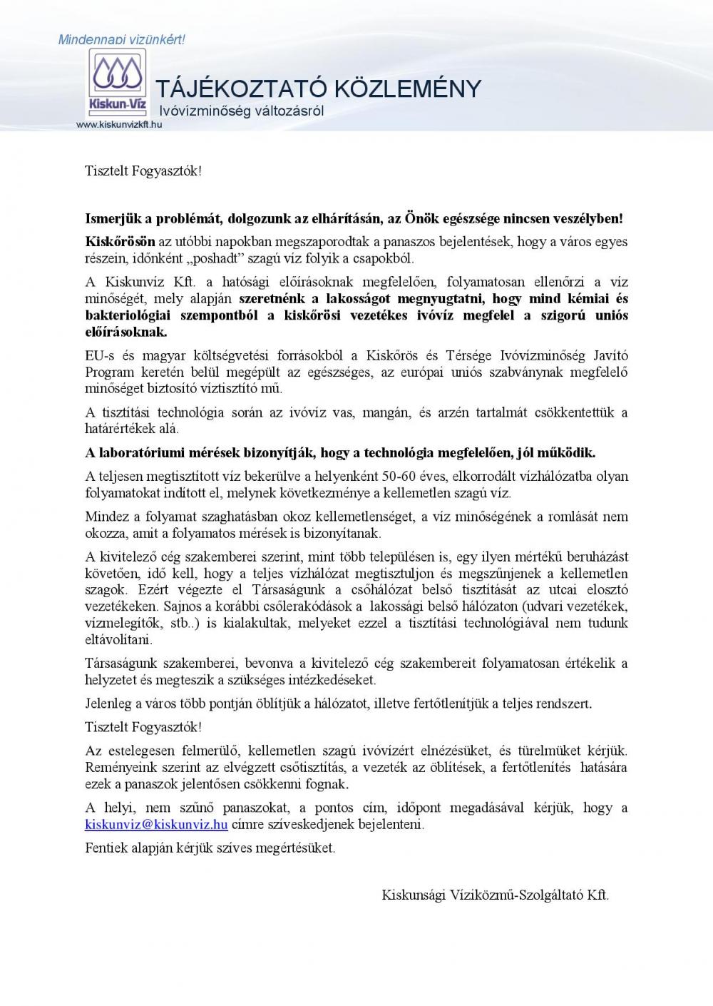 TÁJÉKOZTATÓ IVÓVÍZMINŐSÉG-VÁLTOZÁSRÓL