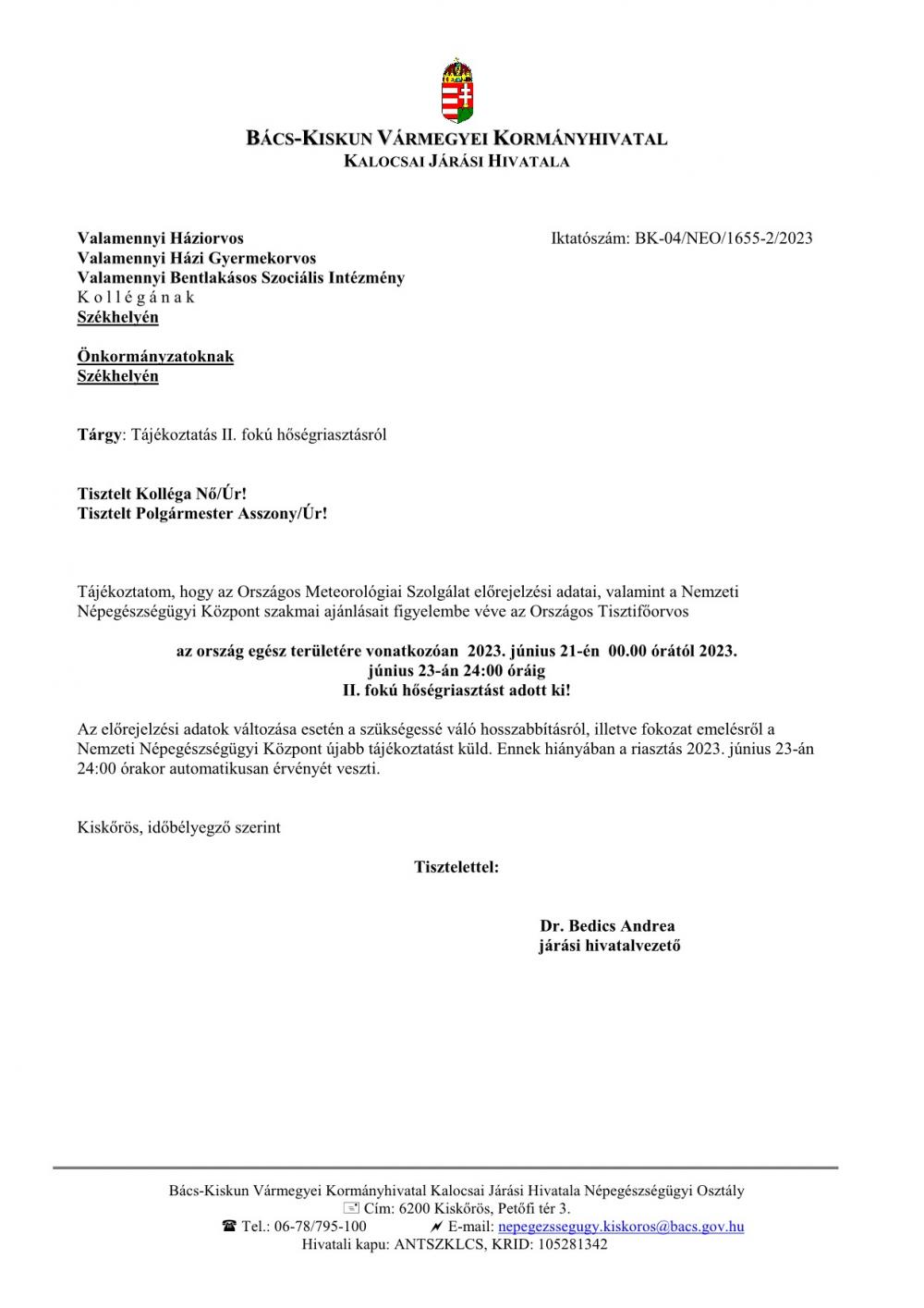 Tájékoztatás II. fokú hőségriasztásról