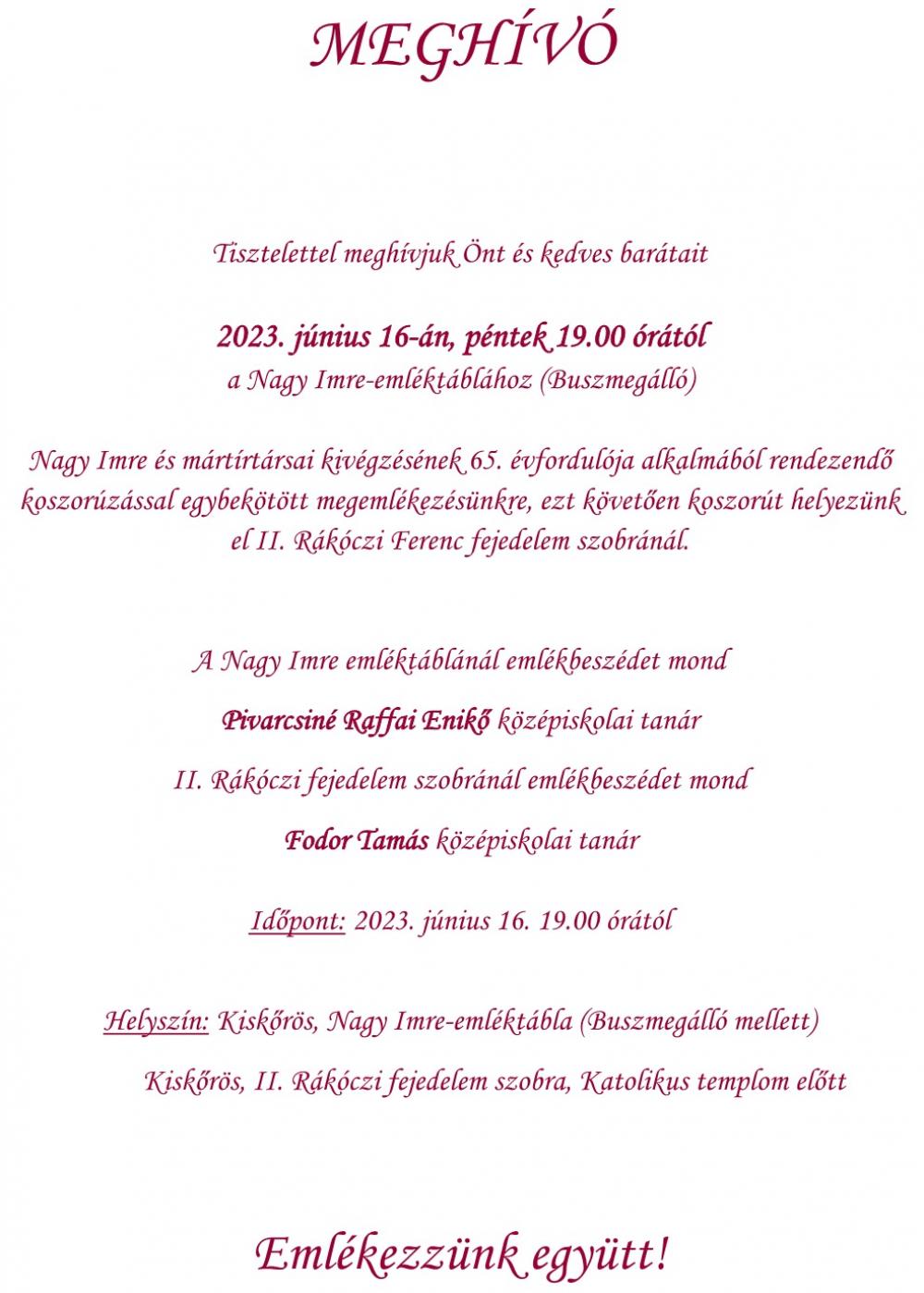 Meghívó - Nagy Imre megemlékezés
