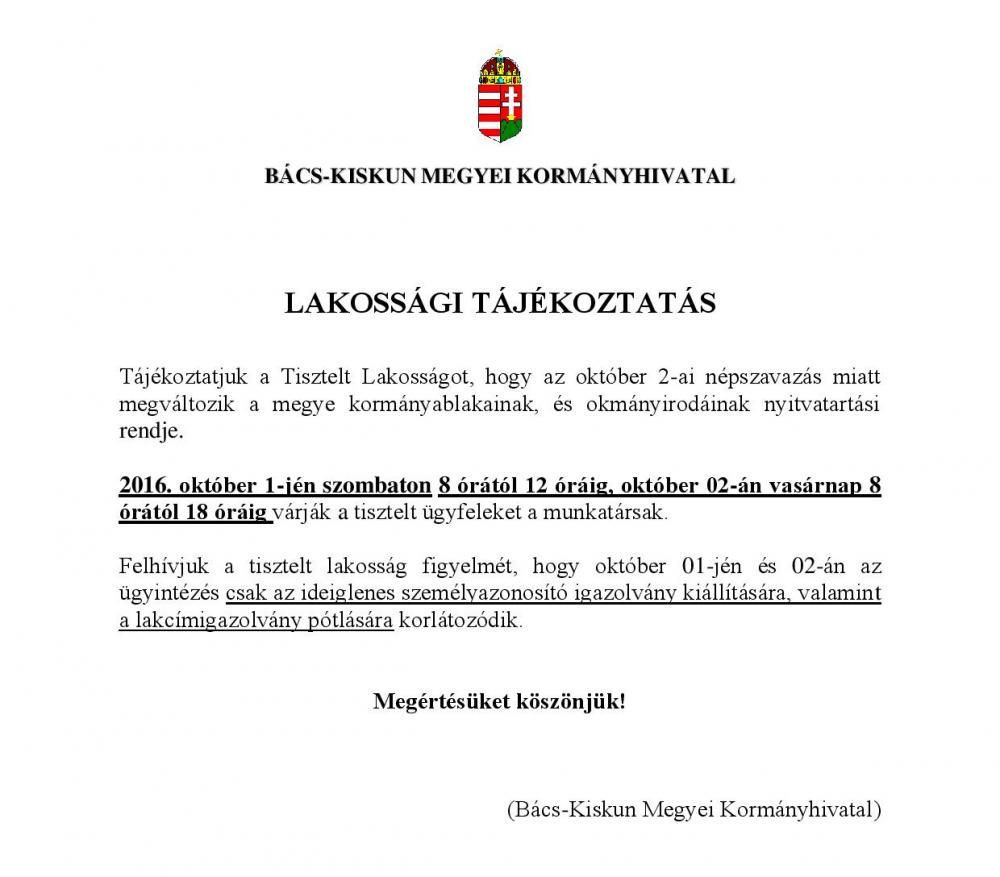 A Bács-Kiskun Megyei Kormányhivatal tájékoztatója